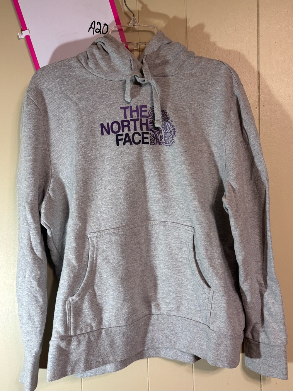 The North Face Men’s Light Gray Crewneck Hoodie with Purple Logo